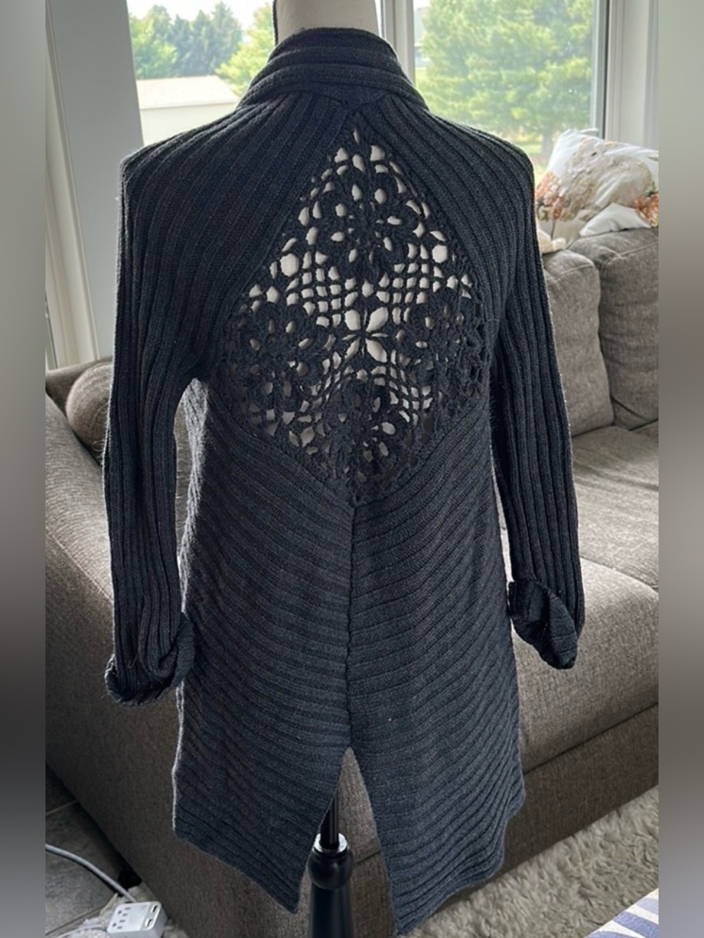 Itโs Our Time Charcoal Gray Ribbed Open Front Waterfall Cardigan Sweater Back M